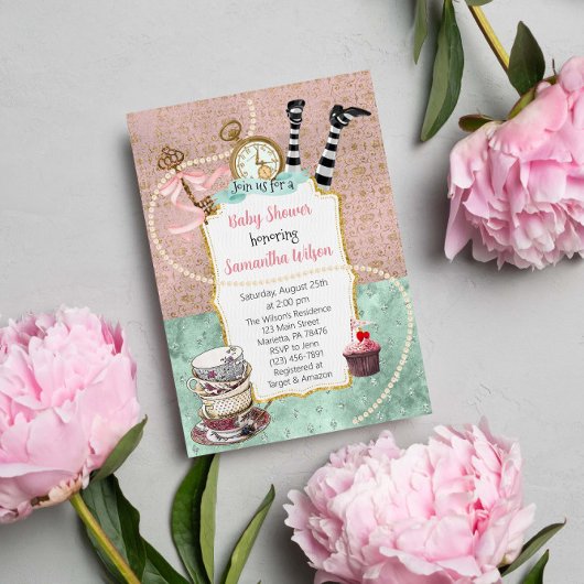 Invitation Baby shower vintage rose et Turquoise Wonderland