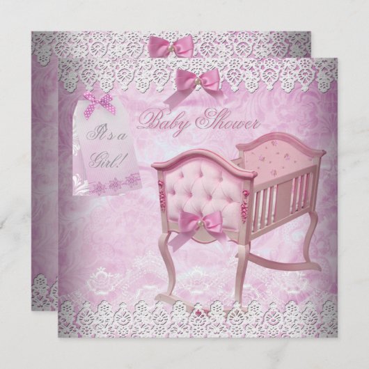 Invitation Baby shower vintage Rose fille Lace Lit (Devant / Derrière)