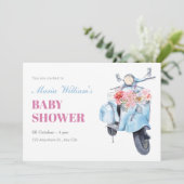 Invitation baby shower vintage scooter bleu (Debout devant)