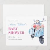 Invitation baby shower vintage scooter bleu (Devant / Derrière)