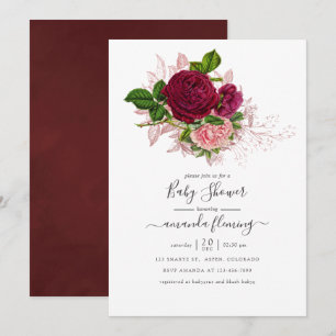 Invitation Baby-Shower Vintage Shabby-Chic Rose et Bourgogne