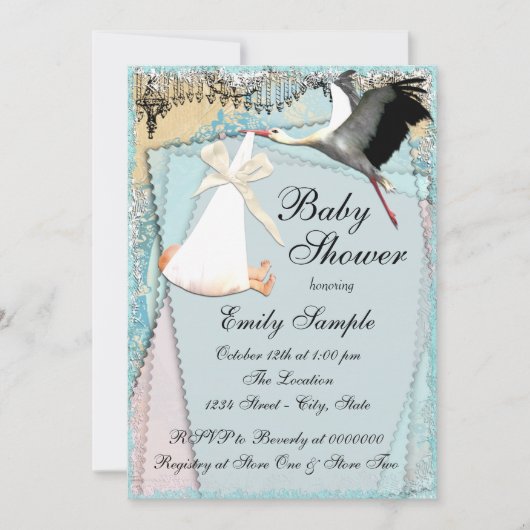 Invitation Baby shower vintage Stork (Devant)