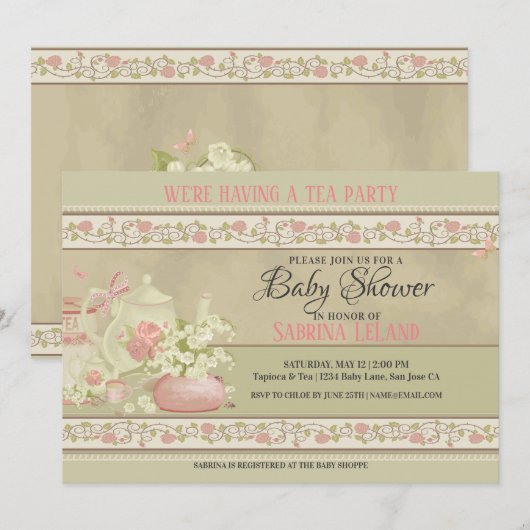 Invitation Baby shower vintage Tea Party (Devant / Derrière)