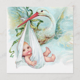 Invitation Baby shower Vintage turquoise Blue Stork