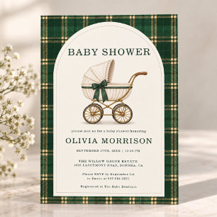 Invitation Baby Shower Vintage Vert Carrelage Tartan Poussett