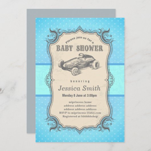 Invitation BABY SHOWER vintage - voiture de course (Devant / Derrière)