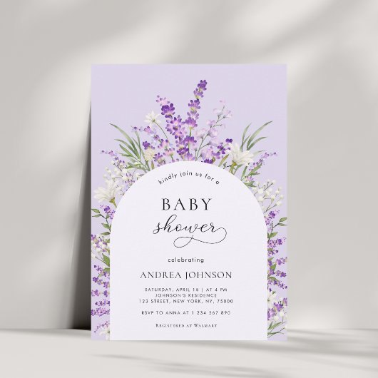 Invitation Baby shower violet à arche fleurie de ressort