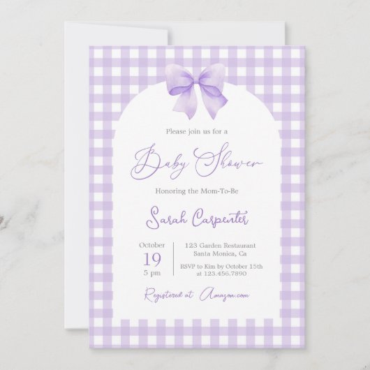 Invitation Baby shower violet avec arc (Devant)
