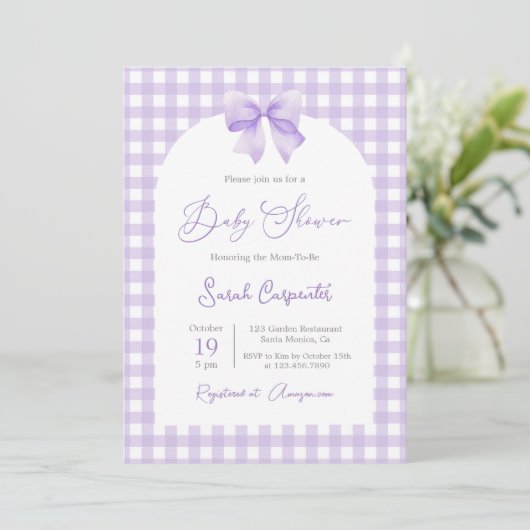 Invitation Baby shower violet avec arc (Debout devant)