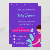 Invitation Baby shower violet et rose foncé (Devant / Derrière)