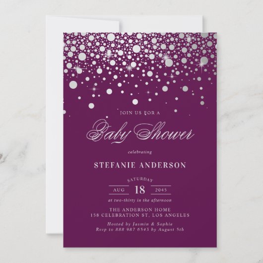 Invitation Baby shower violet Faux Silver Foil Confetti Point (Devant)