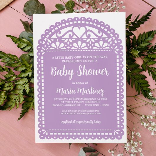Invitation Baby shower violet inspiré par Papel Picado