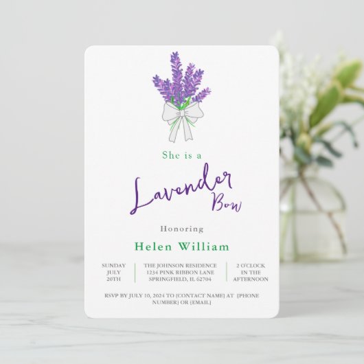Invitation Baby shower violet Lavender Bow (Debout devant)