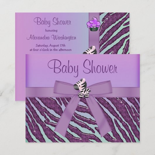Invitation Baby shower violet Zebra & Cupcakes (Devant / Derrière)