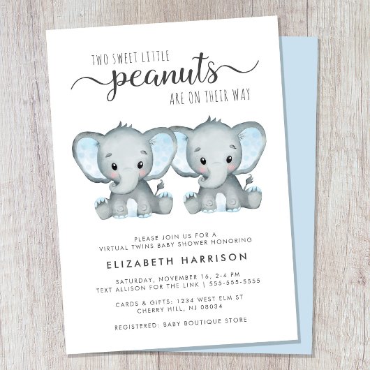 Invitation Baby shower Virtual Elephant Twin Boys