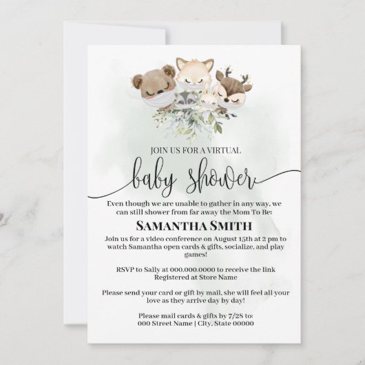 Invitation Baby shower virtuel animal forestier Animaux boisé (Devant)