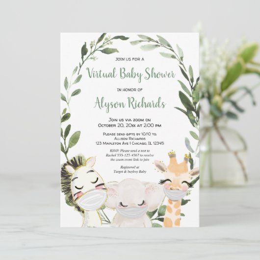 Invitation Baby shower virtuel animaux de verdure avec masque (Debout devant)