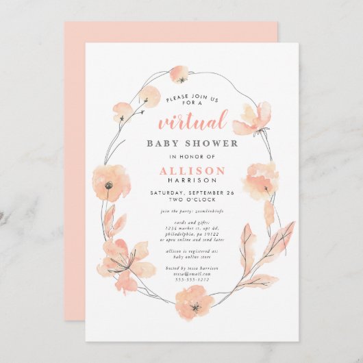 Invitation Baby shower virtuel | Aquarelle florale de corail (Devant / Derrière)
