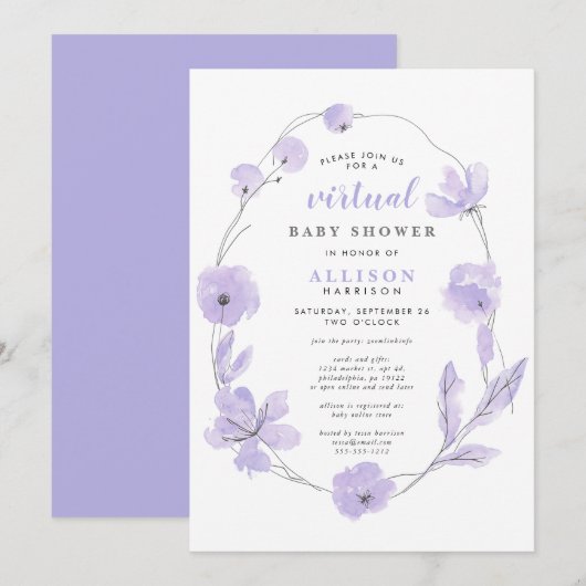 Invitation Baby shower virtuel | Aquarelle florale de lavande (Devant / Derrière)