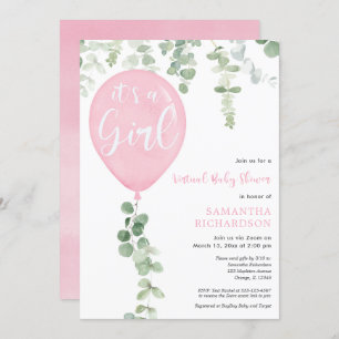 Invitation baby shower virtuel ballons roses eucalyptus