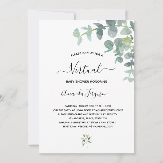 Invitation Baby shower virtuel blanc eucalyptus verdure (Devant)