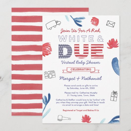 Invitation Baby shower Virtuel Blanc Rouge Et Patriotique Dû (Devant / Derrière)