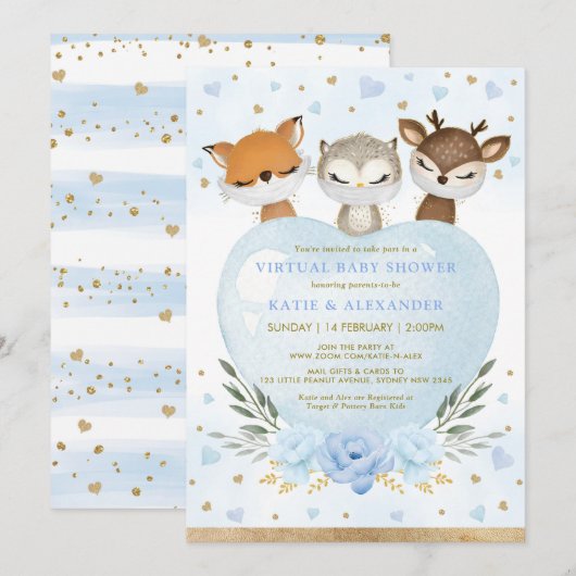 Invitation Baby shower virtuel Blue Gold Woodland (Devant / Derrière)