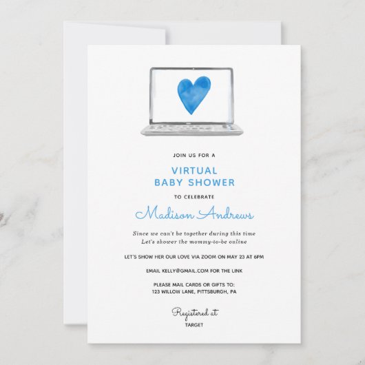 Invitation Baby shower virtuel Blue Heart (Devant)