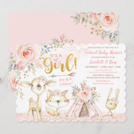 Invitation Baby shower virtuel Blush Boho Floral Woodland (Devant / Derrière)