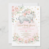 Invitation Baby shower virtuel Blush Gold Floral Elephant (Devant)