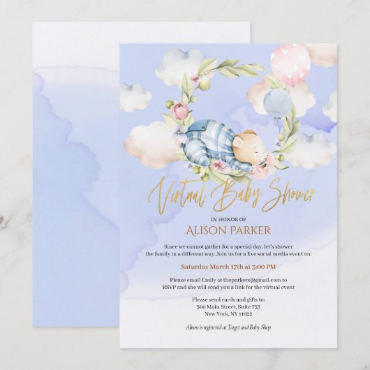 Invitation Baby shower virtuel Boy Teddy Bear Woodland (Devant / Derrière)