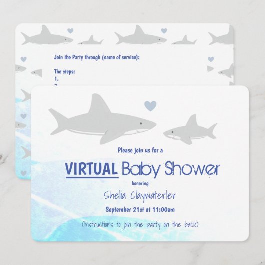 Invitation Baby shower virtuel Cartoon blanc gris bleu requin (Devant / Derrière)