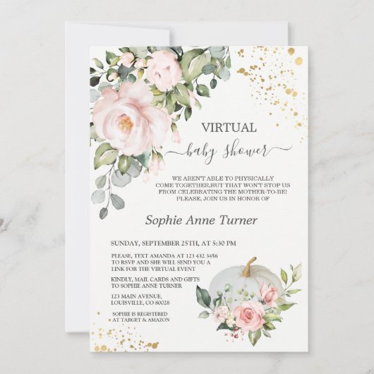 Invitation Baby shower virtuel Citrouille or rose Floral (Devant)