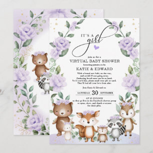 Invitation Baby shower virtuel de bois Animaux floraux pourpr