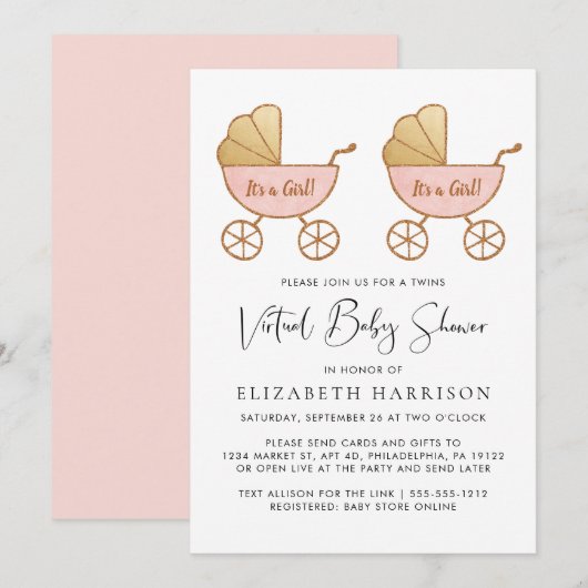 Invitation Baby shower virtuel de couleur d'eau pour filles j (Devant / Derrière)