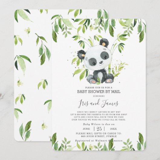 Invitation Baby shower virtuel de Cute Panda Greenery par cou (Devant / Derrière)