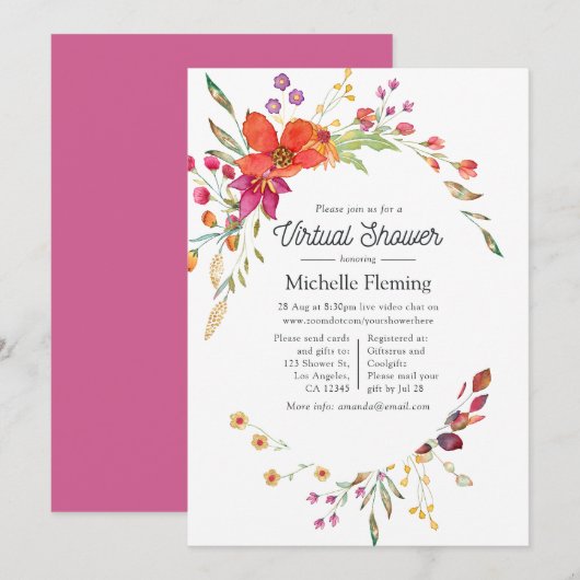 Invitation Baby shower virtuel de fleurs sauvages de source d (Devant / Derrière)