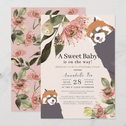 Invitation Baby shower virtuel de la fille rose Panda rouge (Devant / Derrière)