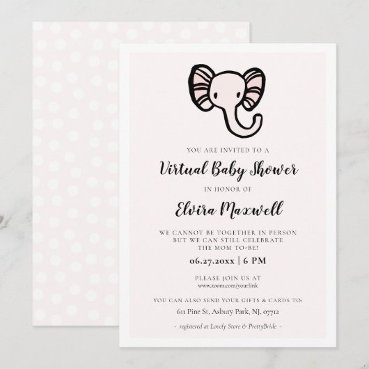 Invitation Baby shower virtuel de l'éléphant rose mou (Devant / Derrière)