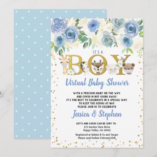 Invitation Baby shower virtuel des garçons Animaux boisés pan (Devant / Derrière)