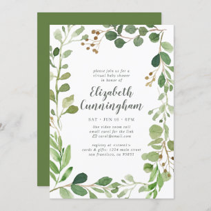 Invitation Baby shower virtuel du feuillage de verdure d'aqua