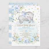 Invitation Baby shower virtuel Eléphant Floral bleu doux (Devant / Derrière)