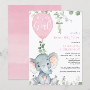 Invitation Baby shower virtuel elephant rose ballons fille
