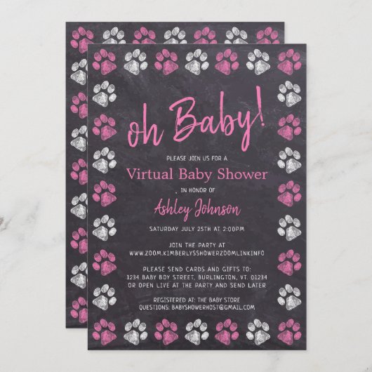 Invitation Baby shower virtuel Empreinte de patte Chalkboard (Devant / Derrière)