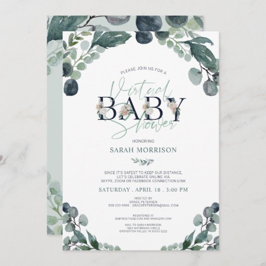 Invitation Baby shower virtuel en ligne Marine Blue Sage Gree (Devant / Derrière)