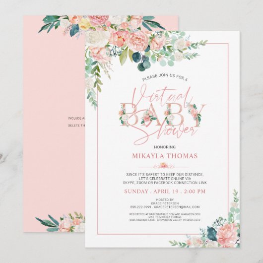 Invitation Baby shower virtuel en ligne Rose or rose floral (Devant / Derrière)