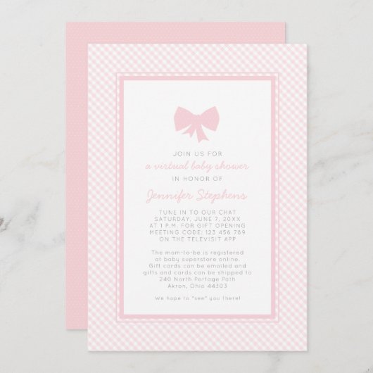 Invitation baby shower virtuel En vichy arc rose (Devant / Derrière)