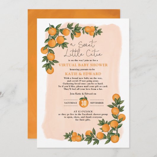 Invitation Baby shower Virtuel Été Orange Citrus frais (Devant / Derrière)