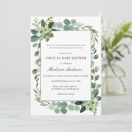 Invitation Baby shower virtuel Eucalyptus (Debout devant)