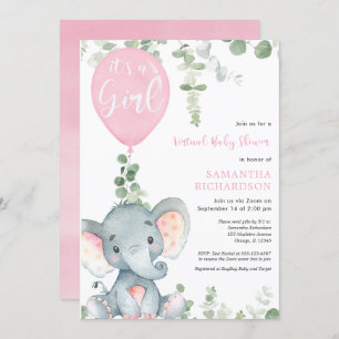 Invitation baby shower virtuel fille de ballons roses d'éléph